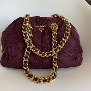 Authentic Prada Burgundy Nylon Handbag with Gold Chain Handle